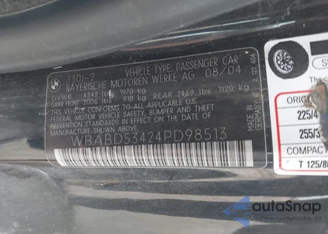 2004 BMW 330Ci из США, поврежденный, VIN WBABD53424PD98513